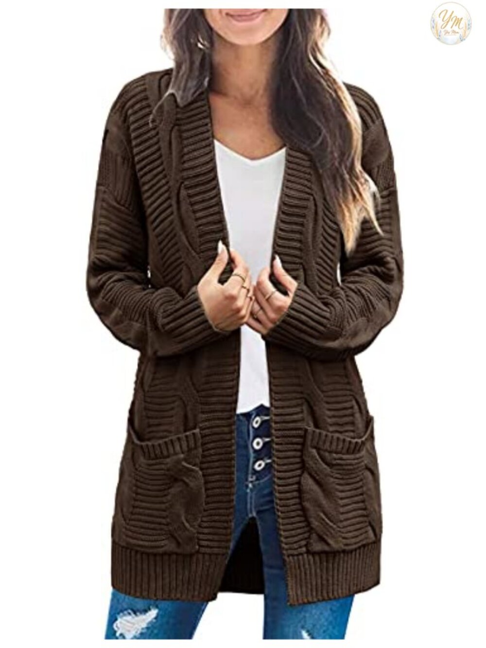 Cable Knit Open Front Cardigan Sweater Chunky Boyfriend Long Sleeve